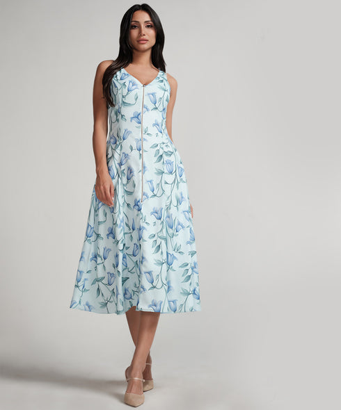 Vneck Zipper Attached Printed Dress